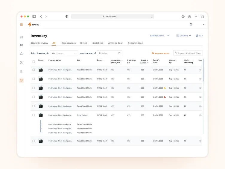 Tabla de inventario con filtros