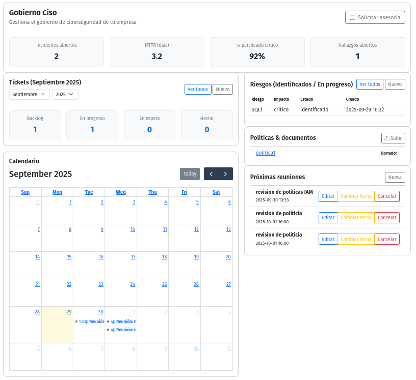 Panel CISO con riesgos, cumplimiento y métricas