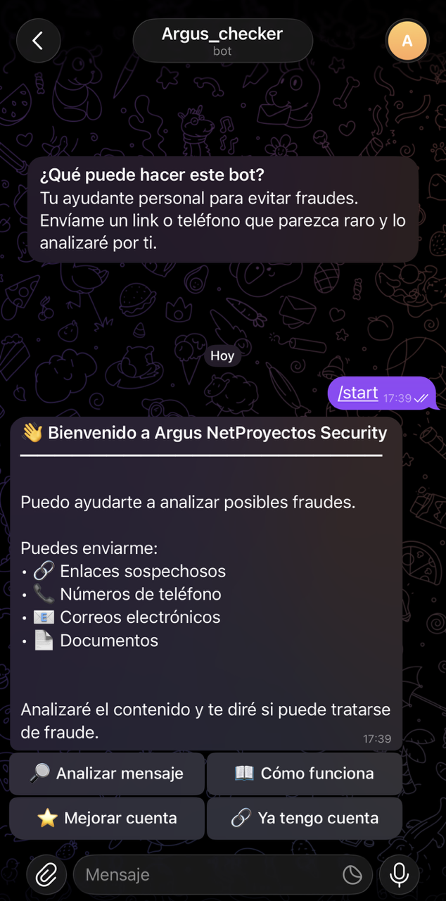 Ejemplo real del chat de Argus en Telegram